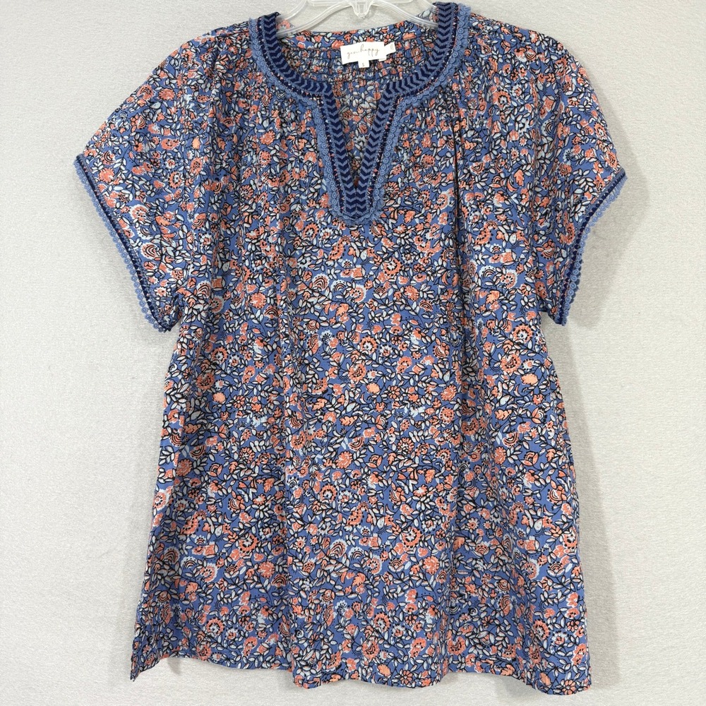 Gen Happy Women's Embroidered Trim Peasant Top Size‎ S Blue Floral Cottage Boho